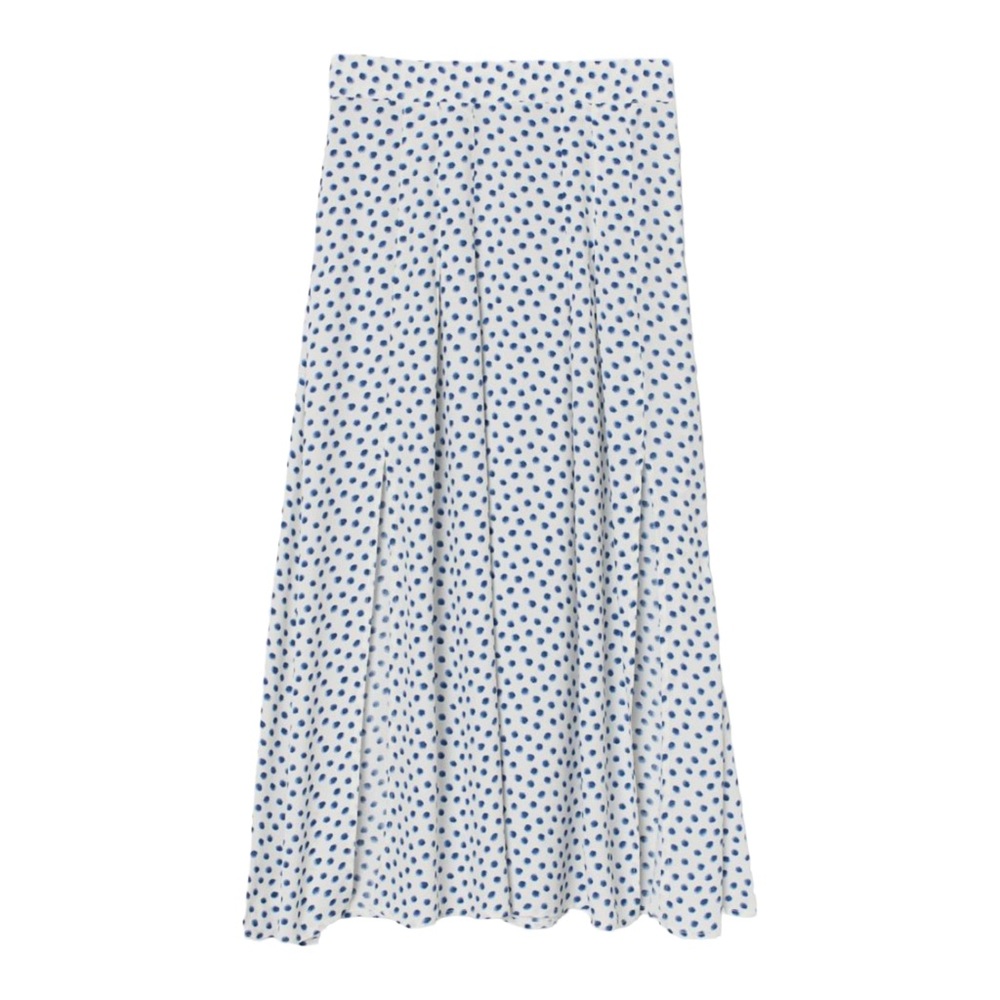 NWT H&M Pleated Polka Dot Circle Skater Skirt Midi White & Blue Side Zip Size 6